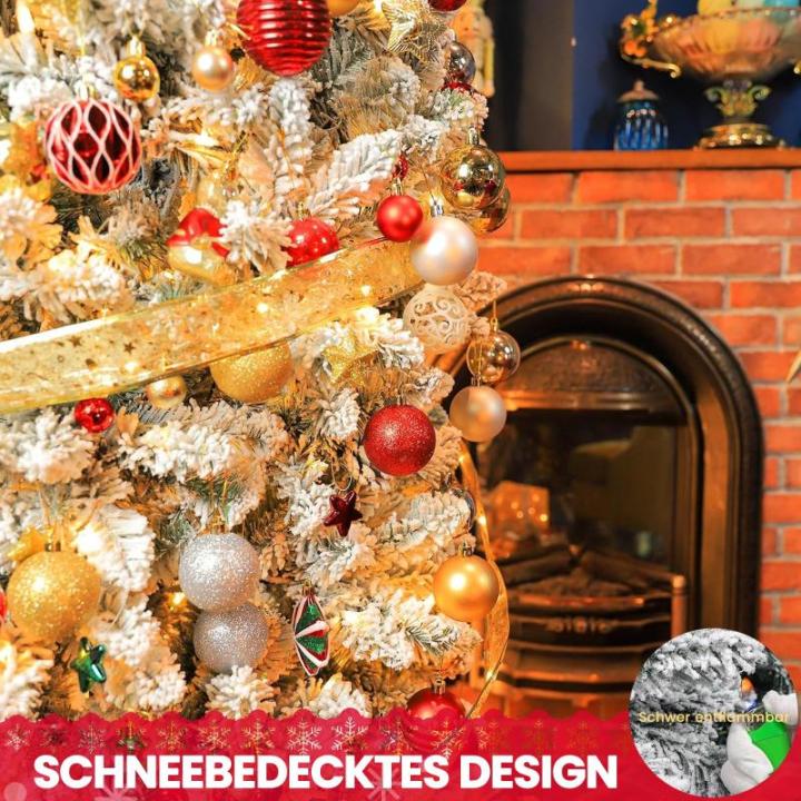 Niwa Kerstboom met verlichting, versierde flock-look, 2-in-1 kunstkerstboom met lichtketting, 200 warm wit licht en 400 PE + pvc-takken, opvouwbare dennenboom (H150 cm)