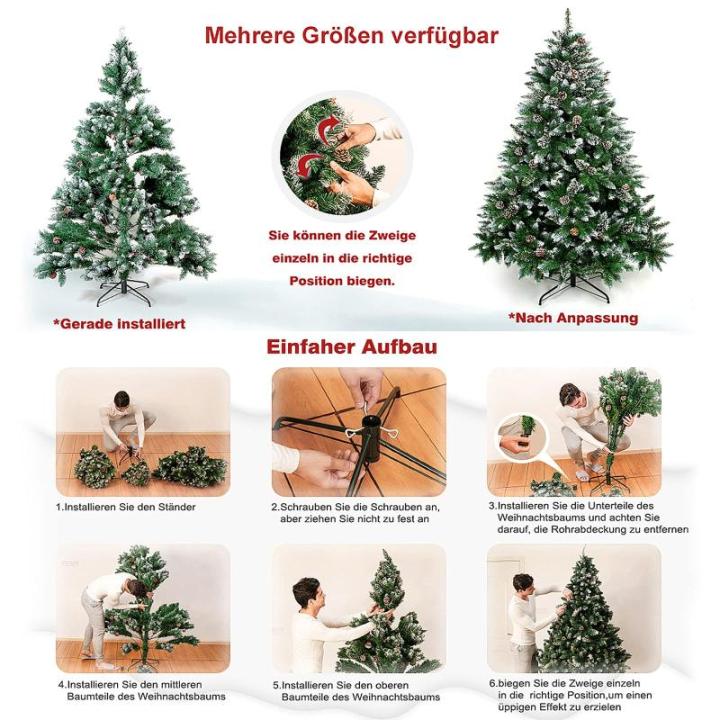 Kunstkerstboom met verlichting, 150 cm, pvc, kunstkerstboom met 180 leds en standaard, kunstkerstdecoratie, met sneeuw en dennenappels