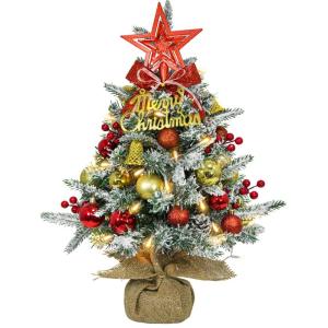 Mini-kerstboom met led, 60 cm, kleine kerstboom, versierd met kunstsneeuw en ornamenten, mini-dennenboom voor kerstdecoratie (rood, zilver, goud)