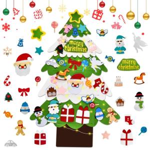 Vilten kerstboom voor kinderen, doe-het-zelf vilten kerstboomset, 3.2ft vilten kerstboom voor peuters met 30 stuks afneembare ornamenten en 5M LED-verlichting, wandhangende vilten 