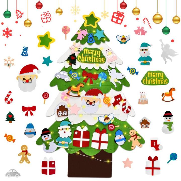 Vilten kerstboom voor kinderen, doe-het-zelf vilten kerstboomset, 3.2ft vilten kerstboom voor peuters met 30 stuks afneembare ornamenten en 5M LED-verlichting, wandhangende vilten 