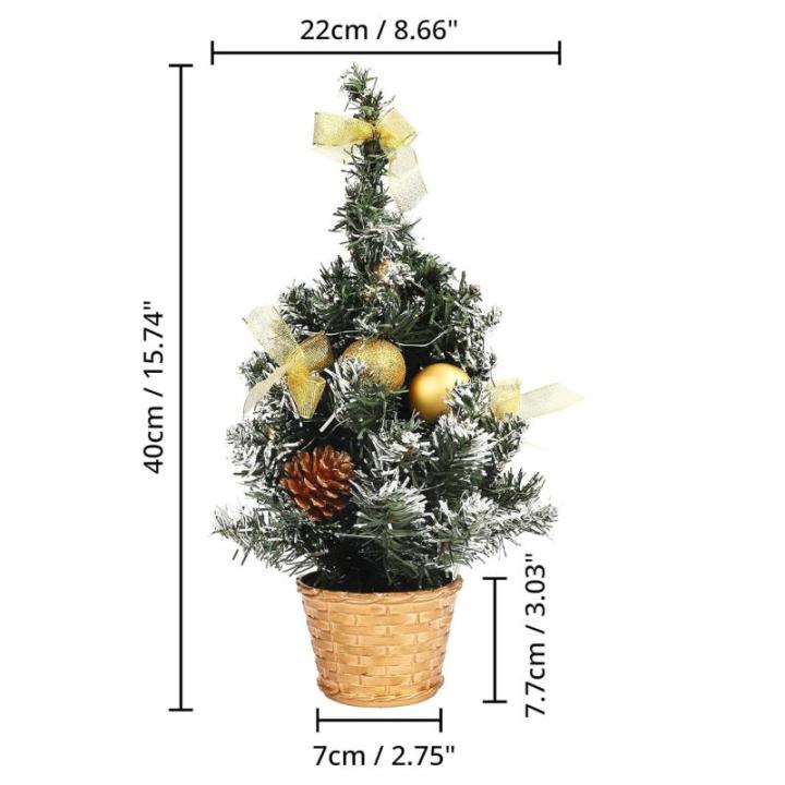 Verlichte mini-kerstboom, kleine kunstdennenboom van 40 cm hoog, versierd met ballen, dennenappels en verlichting; geschikt als tafeldecoratie, kerstdecoratie, voor thuis, op kanto