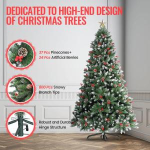 Kunstkerstboom, 180 cm, dennenboom, kerstboom, met dennenappels, sneeuw, 800 twijgen, kerstboom met metalen standaard