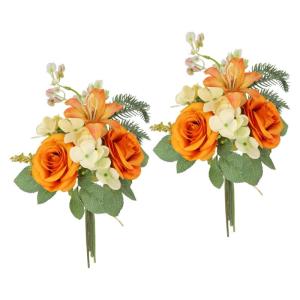 Kunstblumen-Strauß Rosen Lilien Hortensie 35cm 2er Set Blumensträuße Seidenblume Dekoblume Bouquet Hochzeit Blume Mittelstück Tischdeko unecht Grableger Grabschmuck Aufleger Gr