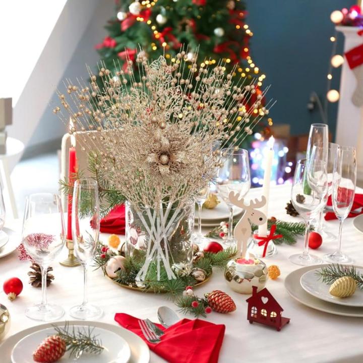 28 stuks kerst glitter bloemen bessen stelen kunstmatige kersttakken, kerstboomversiering, kunsttakken, kerstboom, plukken voor doe-het-zelf vakantie, handwerk, krans, woondecorati