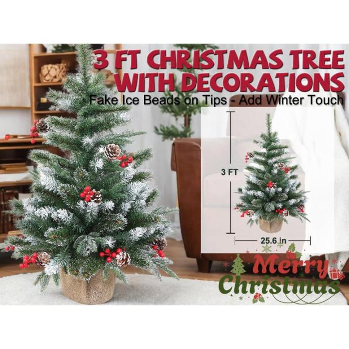 Kleine kerstboom | 7,5 m tafelkerstboom, 6 dennenappels, 6 bessen, 155 takken (dunne, nepe, glanzende sneeuw) | pluizig en realistisch | kerststemming