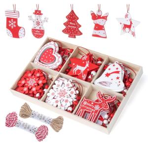 36 stuks houten kerstboomversiering, rood wit, kerst, kerstversiering, kerstversiering, kerstboomversiering, voor kerstkalender, decoratie, decoratie