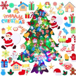 Vilten kerstboom voor kinderen, doe-het-zelf kerstboomko 50 stuks, afneembare ornamenten, kerstman, sneeuwpop, snoep, sokken, geschenken, wanddecoratie, deur (50 stuks)