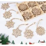 18 x sneeuwvlokken van hout, 9 designs, kerstboomversiering, houten sneeuwvlok, 7,5 cm, houten hangers Kerstmis met henneptouw, onafgewerkte kerstboomhangers van natuurlijk hout vo