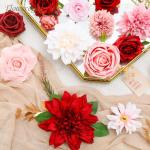 Künstliche Blumen Combo Rote Blumen Mix Seidenblumen Dahlie Rosen mit Stielen für DIY Hochzeit Brautsträuße Babyparty Blumenarrangement Tischaufsätze Heimdekorationen