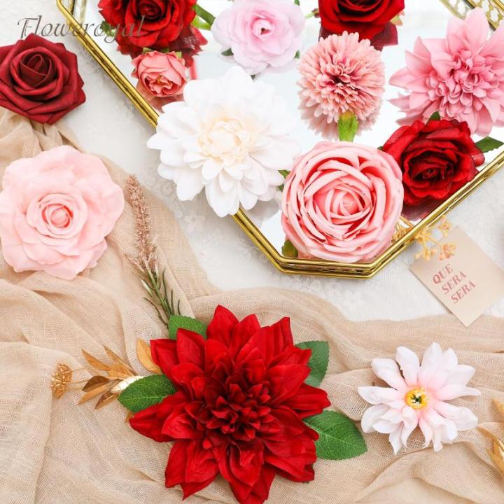 Künstliche Blumen Combo Rote Blumen Mix Seidenblumen Dahlie Rosen mit Stielen für DIY Hochzeit Brautsträuße Babyparty Blumenarrangement Tischaufsätze Heimdekorationen