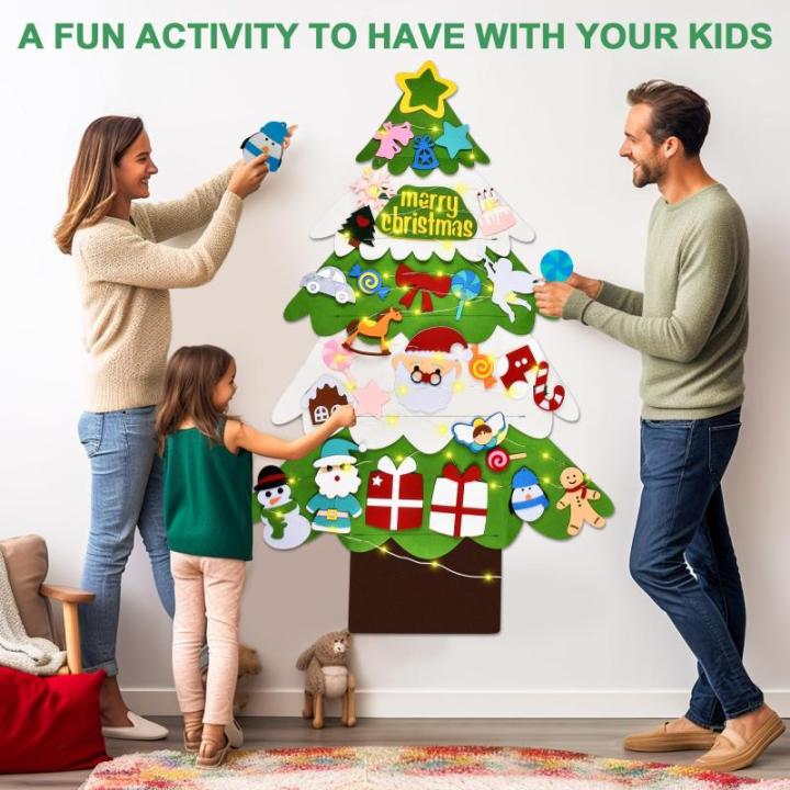 Vilten kerstboom voor kinderen, doe-het-zelf vilten kerstboomset, 3.2ft vilten kerstboom voor peuters met 30 stuks afneembare ornamenten en 5M LED-verlichting, wandhangende vilten 