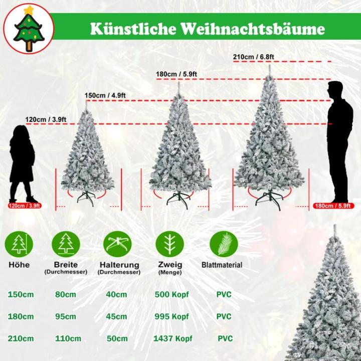 Kunstkerstboom, 180 cm, met metalen standaard en 995 takken, diameter 95 cm, moeilijk ontvlambaar, pvc-kerstboom met vlokken, sneeuweffect en snel op te zetten inklapsysteem