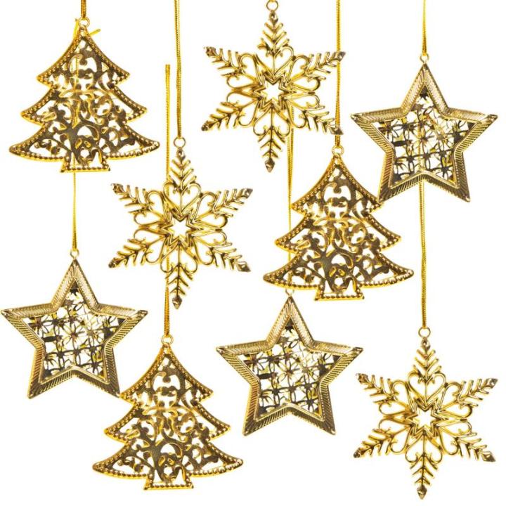 9 kerst gouden boom ster sneeuwvlok kerstdecoratie cadeau boomversiering Kerstmis give-away 6-8 cm