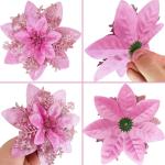 Poinsettia Kerstster, 20 stuks, glitter, kerstster, bloemen met clips, glitterende kerstbloem voor kerstboomdecoraties (roze)