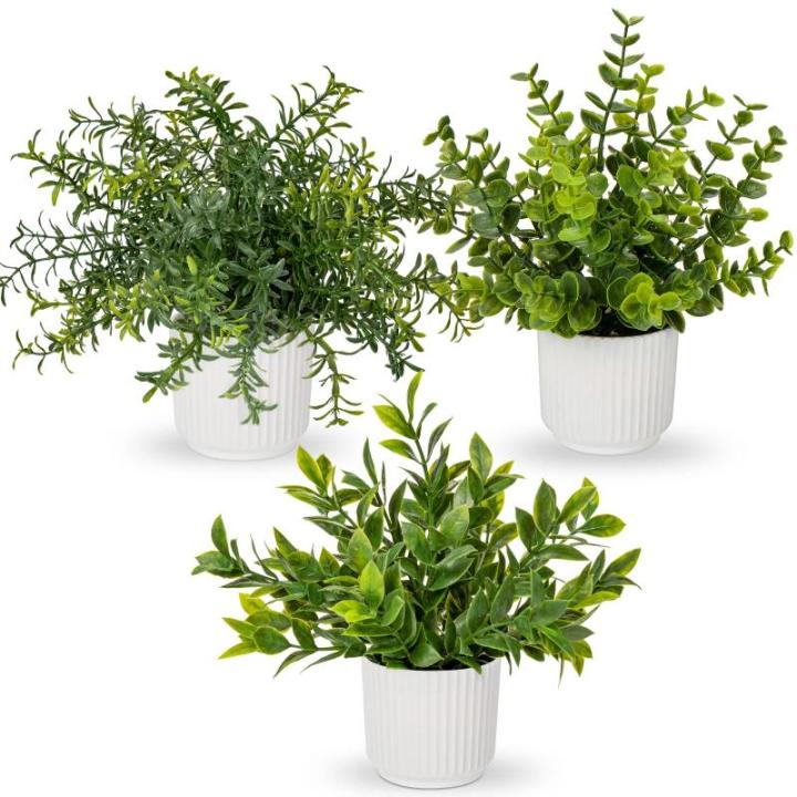 3er Set Kunstpflanzen im Topf, Künstliche Pflanzen Wie Echter Eukalyptus Mini Künstlicher Rosmarin Künstliche Farnpflanze für Dekoration, Wohnzimmer, Tischdekoration, Badezimme