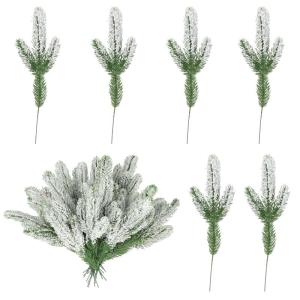Kunstdennennaalden, 24 stuks sneeuwgepatteerde kunstdennentakken, 25 x 11 cm, gesneden dennennaalden, groene cederpicks voor doe-het-zelf slinger, kerstdecoratie
