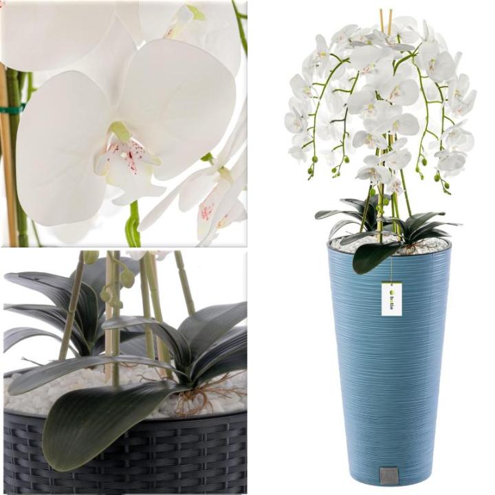 Künstliche Orchidee Kaskaden Blumenstrauß Weiß im Topf Blau H 110 cm Heimbüro Dekoration, Kunstpflanze Orchidee, Kunstblume, Künstliche Orchidee im Topf