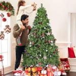 Kunstkerstboom van 213 cm met 1346 takpunten, dennenboom met houten standaard en handschoenen, snel op te bouwen en afneembaar, dennenboom voor kantoor, thuis, winkel, feest, feest