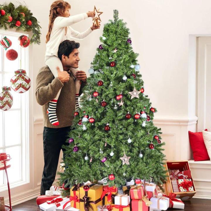 Kunstkerstboom van 213 cm met 1346 takpunten, dennenboom met houten standaard en handschoenen, snel op te bouwen en afneembaar, dennenboom voor kantoor, thuis, winkel, feest, feest
