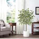 Benjamini Ficus, , grote kunstboom, kamerplant, decoratie met afneembare echte houten stam, voor kantoor, decoratie, slaapkamer, eetkamer, binnen, buiten, groen/wit, 120 cm