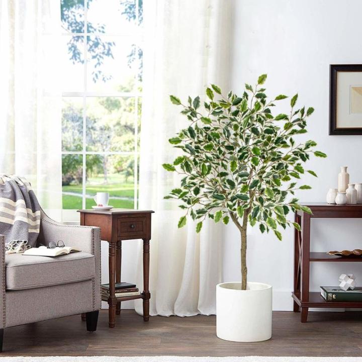 Benjamini Ficus, , grote kunstboom, kamerplant, decoratie met afneembare echte houten stam, voor kantoor, decoratie, slaapkamer, eetkamer, binnen, buiten, groen/wit, 120 cm