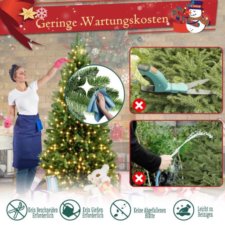 Kunstkerstboom, kunstkerstboom met verlichting, 180 cm, natuurgetrouw, met houten sokkel, kerstdecoratie