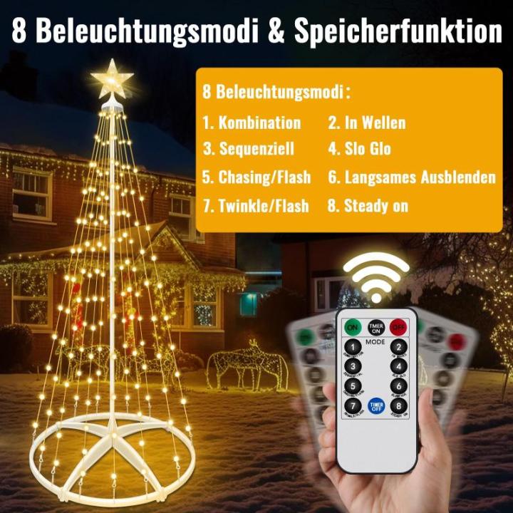 Kerstboom, metaal, grote kegelvorm, 1,2 m, 8 verlichtingsmodi, timer, afstandsbediening voor binnen en buiten, kerstdecoratie, voor kerstdecoratie, warm wit