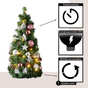 Kunstkerstboom 65 cm voor binnen, decoratieve dennenboom met ledverlichting en kerstballen in roze en zilver, met timer, warmwit, op batterijen werkende kunstboom