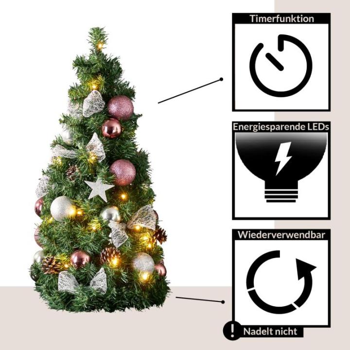 Kunstkerstboom 65 cm voor binnen, decoratieve dennenboom met ledverlichting en kerstballen in roze en zilver, met timer, warmwit, op batterijen werkende kunstboom