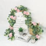 Künstliche Eukalyptus-Blumengirlande mit rosa Rosen, künstliche Pflanzen, Seide, Blumen, grüne Girlande, Kunstschleierkraut, Efeu-Ranken für Hochzeit, Dekoration, Zuhause, Weih
