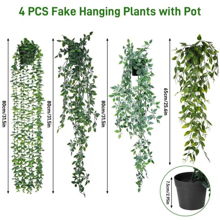 4 stuks kunsthangplanten met potten, 80 cm lang, kunstklimop, , , , , onderhoudsvrije plastic planten voor binnen en buiten, tuin, wanddecoratie