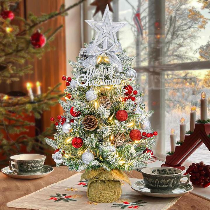 Mini-kerstboom met verlichting, led-tafel, rood, zilver, 60 cm