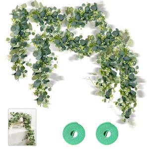 Eucalyptus slinger, 2 stuks, 1,8 m, gecodeerde eucalyptus, decoratieve kunstplant, kunstmatige slingers, eucalyptus met kabelbinders voor bruiloften, feesten, eettafels, schoorstee