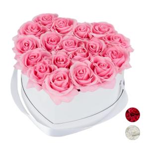 Rozenbox hart, 18 rozen, stabiele bloemenbox wit, 10 jaar houdbaar, cadeau-idee, decoratieve bloemenbox, roze, 13 x 21 x 19 cm