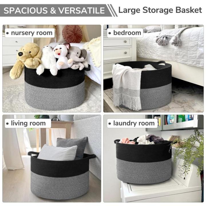 Opbergmand voor kinderkamer, wasmand voor kinderen, grote kerstboommand, mand voor dekens, babyspeelgoed, gevlochten mand, 55 x 35 cm, zwart