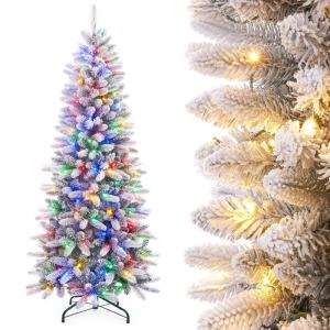 Kerstboom Slim, met led-lampjes en sneeuwvlokken, metalen standaard, kunstkerstboom, voor kerstdecoratie (180 cm met kleurrijke leds)