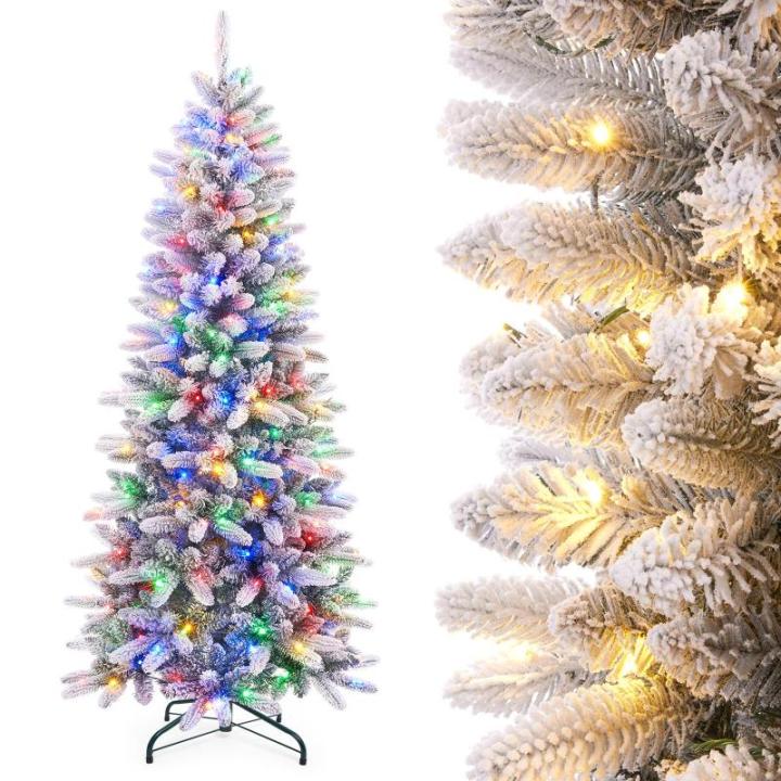 Kerstboom Slim, met led-lampjes en sneeuwvlokken, metalen standaard, kunstkerstboom, voor kerstdecoratie (180 cm met kleurrijke leds)