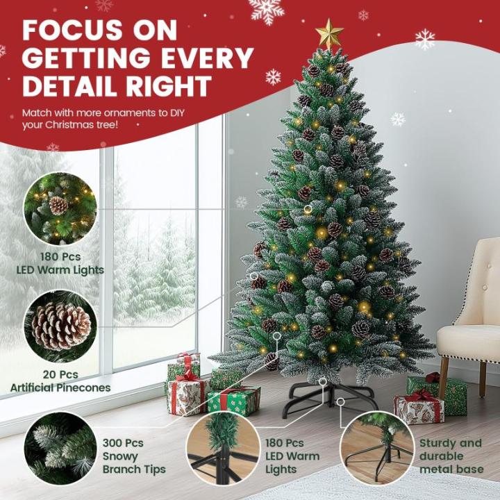 Nordmann Kunstkerstboom, 150 cm, met sneeuweffect, dennenappels en verlichting, dennenboom, kunstkerstboom met metalen standaard, snel op te bouwen klapsysteem, Nordmann-spar, moei