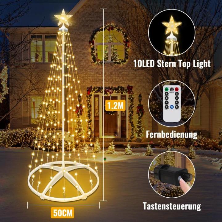 Kerstboom, metaal, grote kegelvorm, 1,2 m, 8 verlichtingsmodi, timer, afstandsbediening voor binnen en buiten, kerstdecoratie, voor kerstdecoratie, warm wit