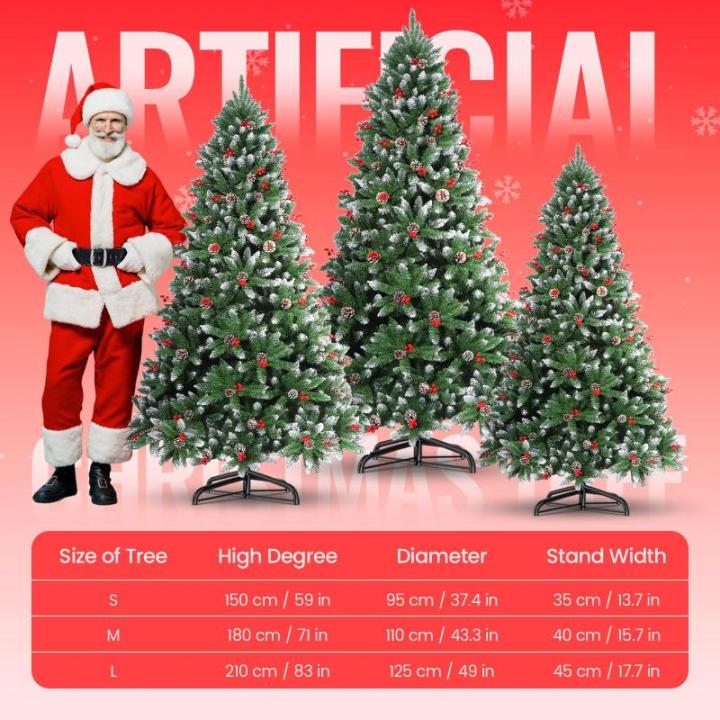 Kunstkerstboom 210 cm, dennenboom kerstboom met verlichting, met dennenappels, sneeuw, 500 twijgen, kerstboom met metalen standaard