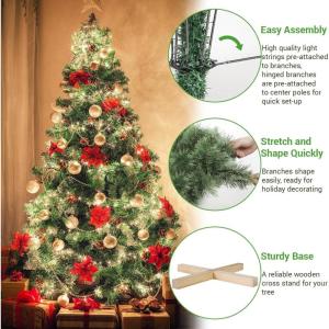 Nordmanntanne Kunstkerstboom, Levensechte Voorbehandelde Dennennaalden, Kerstboom met Handgemaakte Houten Standaard, Vakantie Decoratie voor Thuis en Winkel, 550 Warm Witte Lampjes