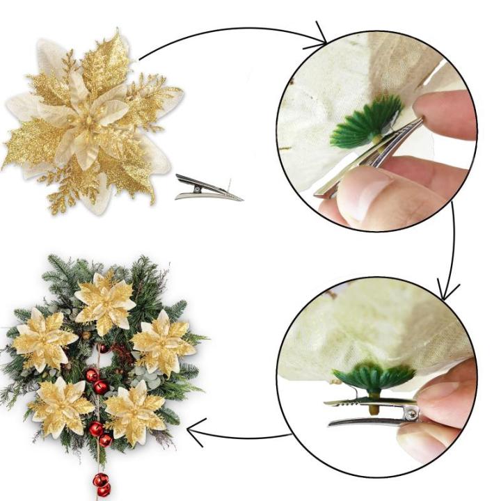 20 Stück Weihnachten Glitzer Weihnachtsstern Blumen mit Clips, Poinsettia Weihnachtsblume Glitzernde für Weihnachtsbaum Dekorationen (Gold)