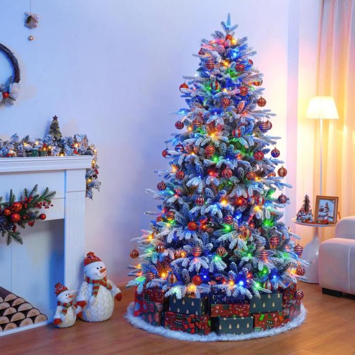 Kerstboom met ledlampjes en sneeuwvlokken, metalen standaard, kunstkerstboom, voor kerstdecoratie (210 cm met kleurrijke leds)