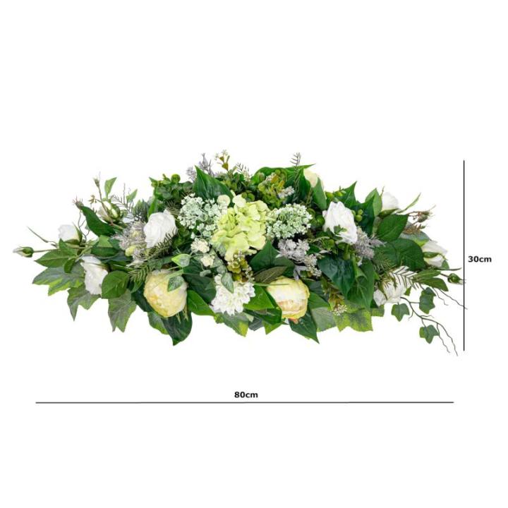 Grabaufleger aus künstlichen Textil Seidenblumen Rosen länglich 80cm groß XXL Friedhofsgesteck für Totensonntag Beerdigung wie Echt (Weiß/Ecru/hell)