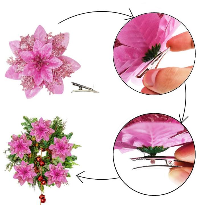 Poinsettia Kerstster, 20 stuks, glitter, kerstster, bloemen met clips, glitterende kerstbloem voor kerstboomdecoraties (roze)