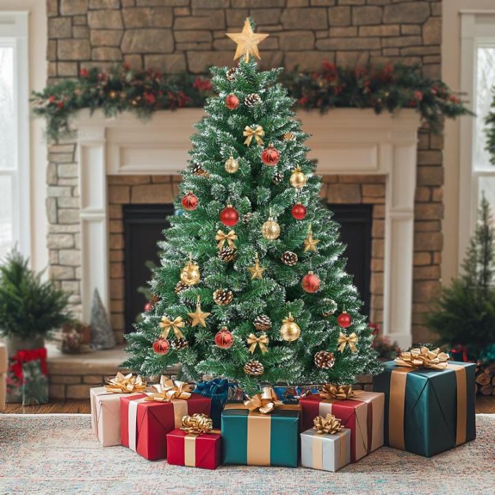 Kunstkerstboom, sneeuwserie, dennenboom, kunstkerstboom in winterlook met kunstsneeuw, 15 dennenappels en 180 takken, klapsysteem, geen naalden, van pvc, moeilijk ontvlambaar, diam