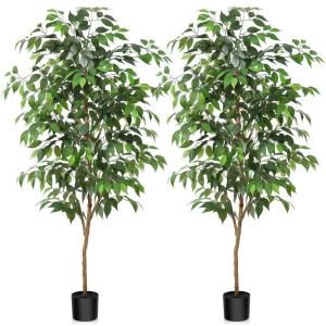 Ficus Benjamina , groot, 150 cm, met natuurhouten stam, kamerplant, kunstboom in pot, voor thuis, kantoor, balkon, decoratie (2 stuks)