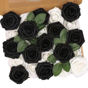 Kunstbloemen, rozen, 25 stuks, kunstrozen met stelen, kunstbloemen voor doe-het-zelf bruiloft, boeketten, bruid, babyshower, woondecoratie, wit en zwart