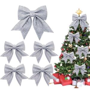 1 + 4 stuks zilveren strikken Kerstmis kerstboom strikken glitter kerstboomversiering voor familiefeesten feestdecoratie voor Kerstmis vakantie bruiloft feesten (2 maat)